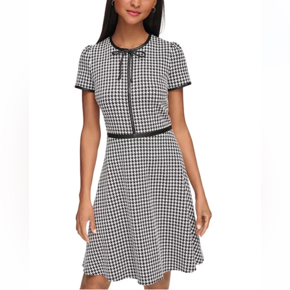 Karl Lagerfeld Faux Leather Trim Houndstooth Dress